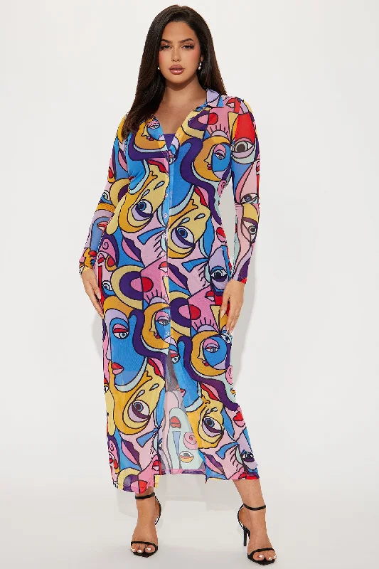 Alia Portrait Mesh Maxi Dress - Multi Color