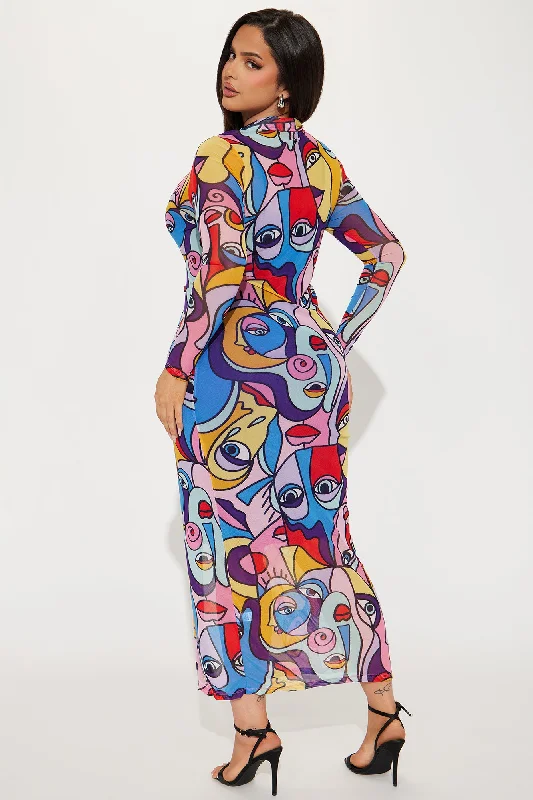 Alia Portrait Mesh Maxi Dress - Multi Color