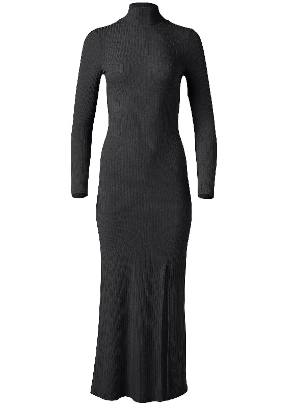 Ribbed mock-neck long dress - Black