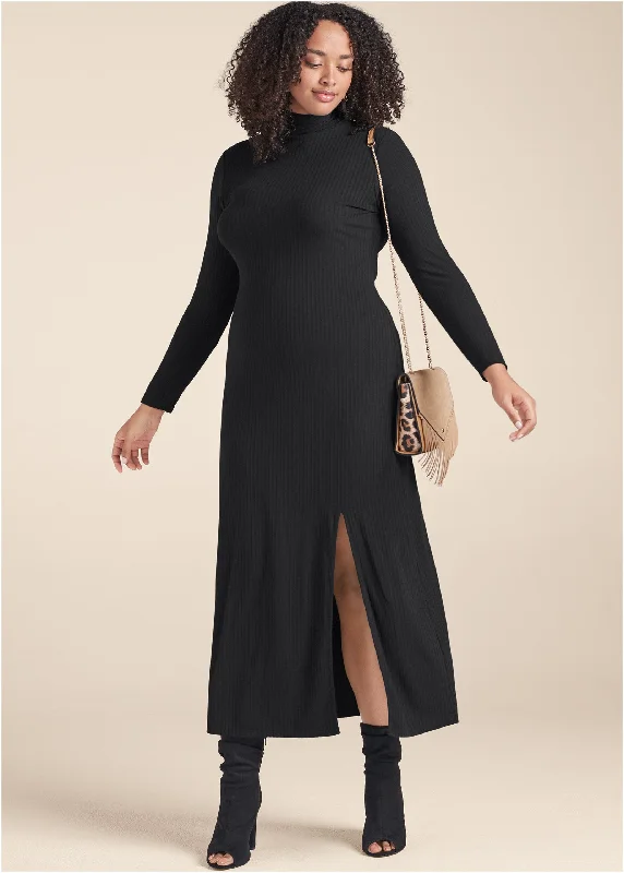 Ribbed mock-neck long dress - Black