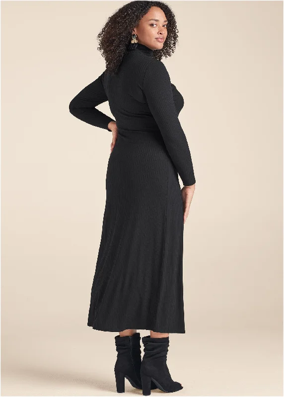 Ribbed mock-neck long dress - Black