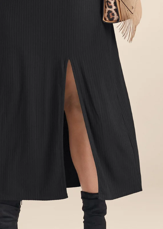 Ribbed mock-neck long dress - Black