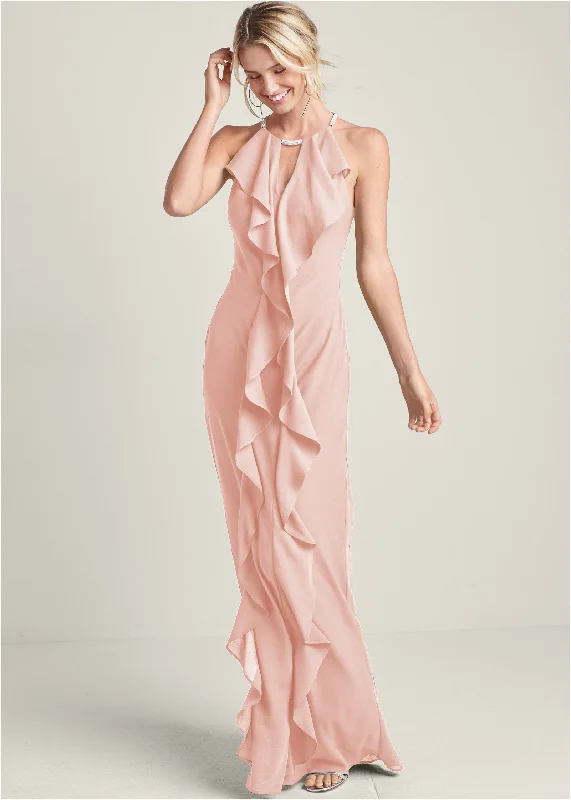 Embellished ruffle front long dress - Blush