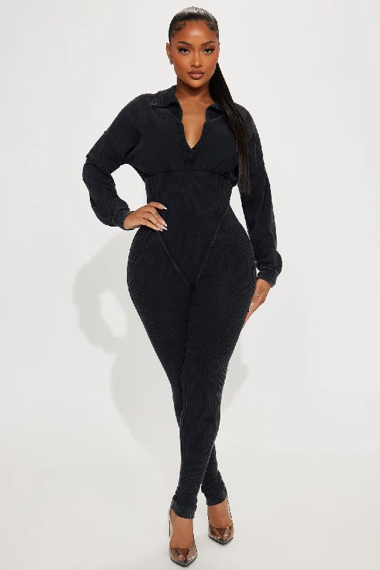 In Transit Ribbed Jumpsuit - Charcoal