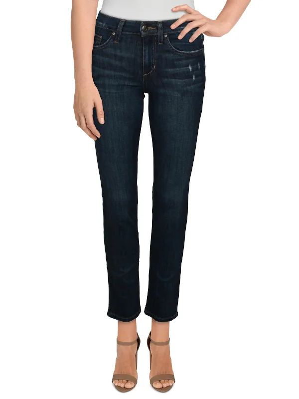 Womens Mid-Rise Distressed Straight Leg Jeans